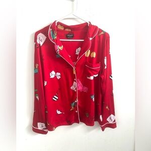 Kate Spade Pajamas Holiday Christmas Shirt Top Sz Button Up Medium Women Red